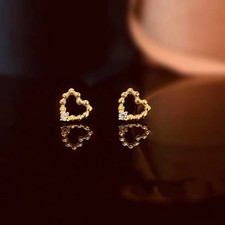 9CT Gold Plated Full Stone Heart Silver Stud Earrings Women Girls Jewellery Gift