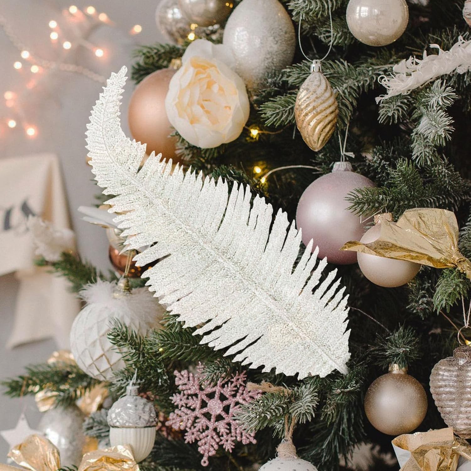 Shining She Christmas Glitter Feathers,6PCS White Artificial Feather xmas Tree