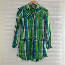 Puma Sportlifestyle Womens Green Blue Plaid Roll Tab Pearl Snap Shirt Dress S