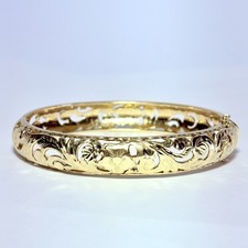 14K Yellow Gold Hawaiian Heirloom Floral Scroll 12mm 7.6" Bangle Bracelet 37.1g