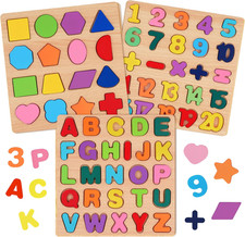 Wooden Puzzles for Toddlers, 3 Pcs Alphabet Puzzle ABC Shape Number