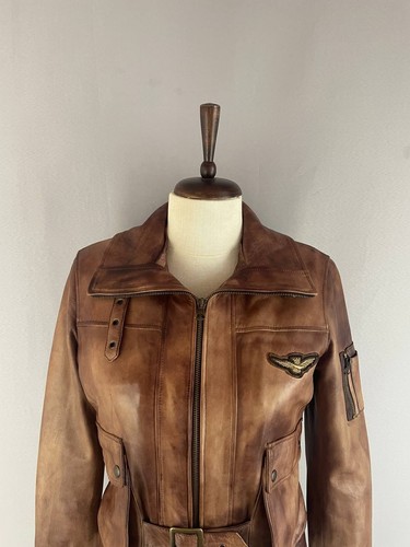Vintage Aeronautica Womens Military Jacket Size L Brown Leather Long Sleeve - Picture 19 of 20