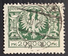 VERY RARE 1924 Poland 1 Million Mk green Eagle postage stamp Used SG217 Cat £500