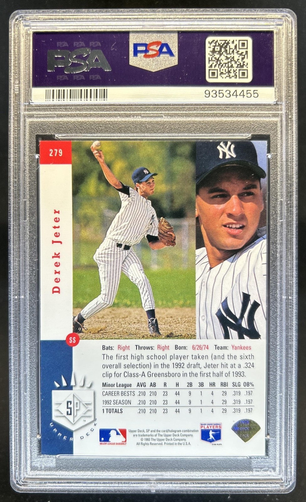 1993 SP Derek Jeter Foil Premier Prospects Rookie RC #279 Yankees PSA 6 view 2