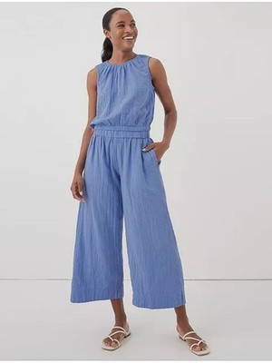 Pact Organic Coastal Double Gauze Wide Leg Pants M Blue Wedgwood 100% Cotton