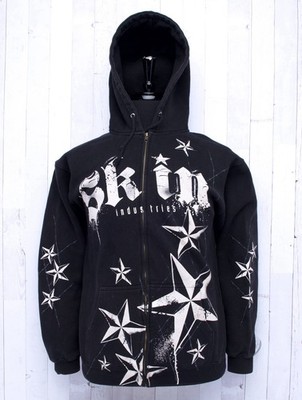 Vintage Y2K SKIN Industries Men's Full Zip Hooded Hoodie Sweatshirt Black Medium
