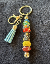Multicolor Beaded Tassel Key Chain w/ Lobster Clasp, Key Ring, Metal Glass
