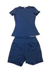 Womens Two Piece Workout Set Size M Blue Biker Shorts Top High Waist Pockets