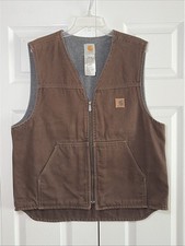 Carhartt V19 DKB Sandstone Duck Vest Mens Size L Brown Fleece Lined Workwear