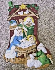 Bucilla felt Christmas stocking 18" completed handmade beaded sequined Manger