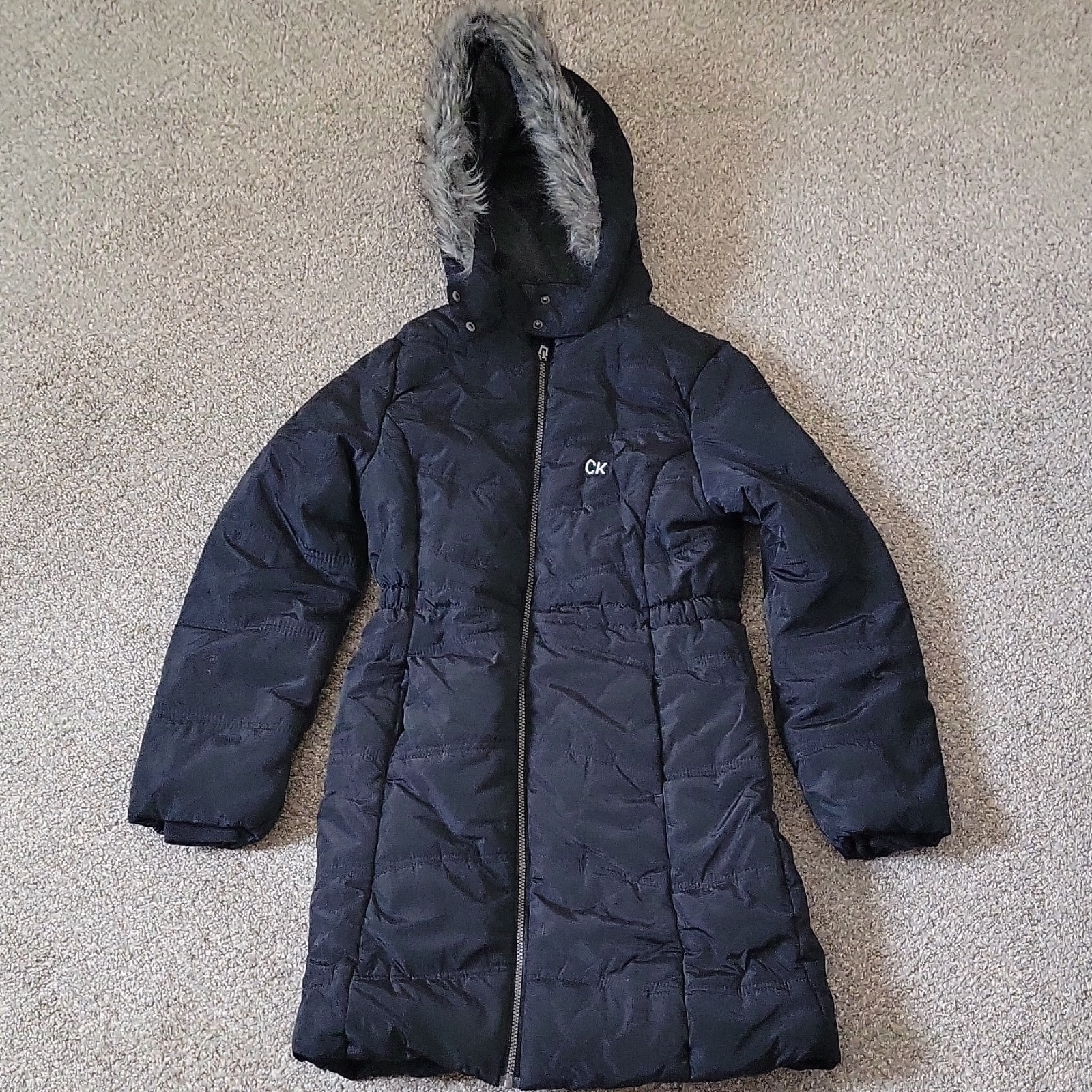Girls Xl Puffer Jacket Anthracite Hooded Faux Fur Trim