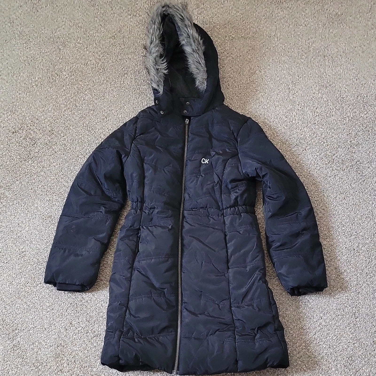 Calvin Klein Jeans Girls XL Puffer Jacket Anthracite Hooded Faux Fur Trim