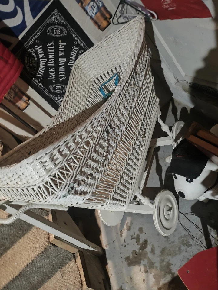 Vintage White Wickard Baby Craddle - Image 4 of 4