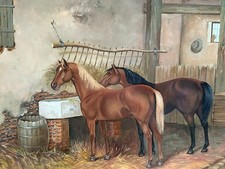 ÖLGEMÄLDE PFERDE IM STALL SIGNIERT GERAHMT