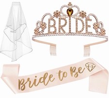 3 Pcs Bachelorette Party Decorations Bridal Shower Crown, Bride to Be Sash Veil