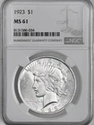1923-P  $1 PEACE SILVER DOLLAR  "PHILADELPHIA MINT"  NGC MS61 #8131586-034