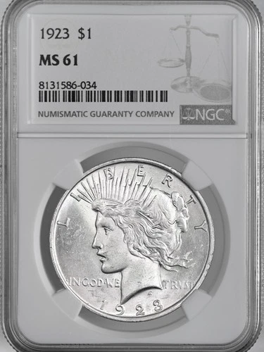 1923-P  $1 PEACE SILVER DOLLAR  "PHILADELPHIA MINT"  NGC MS61 #8131586-034