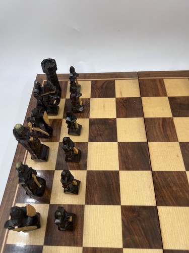 Hand Carved Wooden Chess Set & Board Vintage Medieval Complete Folding - Picture 6 of 24
