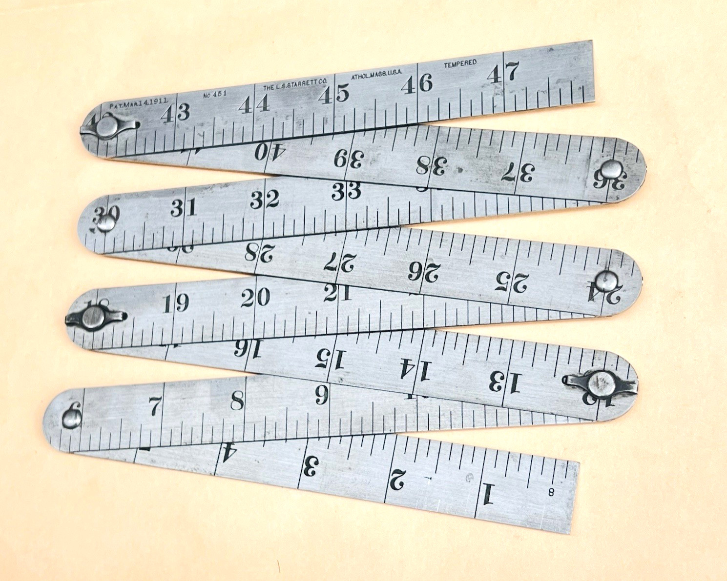 Steel Ruler 48 Inch Starrett No.451 Steel Folding Ruler 48 Inch Antique (Pat. Mar. 11, 1911)