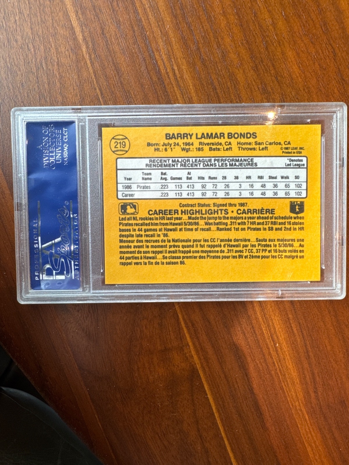 1987 Leaf Canadian - Barry Bonds #219 ROOKIE Psa 8 view 2