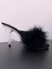 PLEASER BLACK FLUFFY SLIP ON MULES MARABOU FEATHER BEDROOM BOUDOIR EU 35 SIZE 2