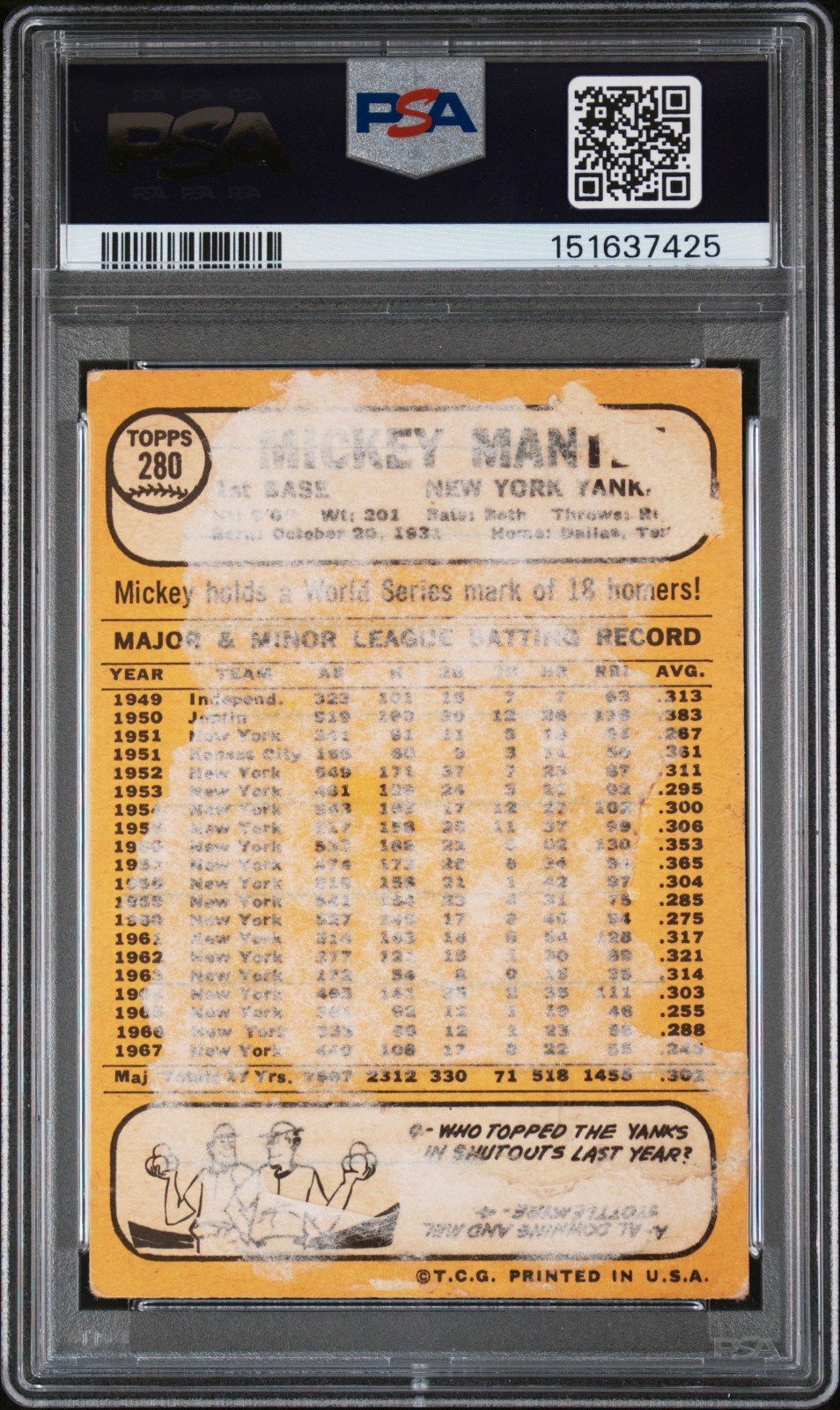 1968 Topps 280 Mickey Mantle PSA 1 151637425 view 2