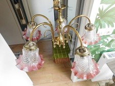 Beautiful Vintage 5 Branch Hanging Ceiling Light on Chain with Pink Glass Shades