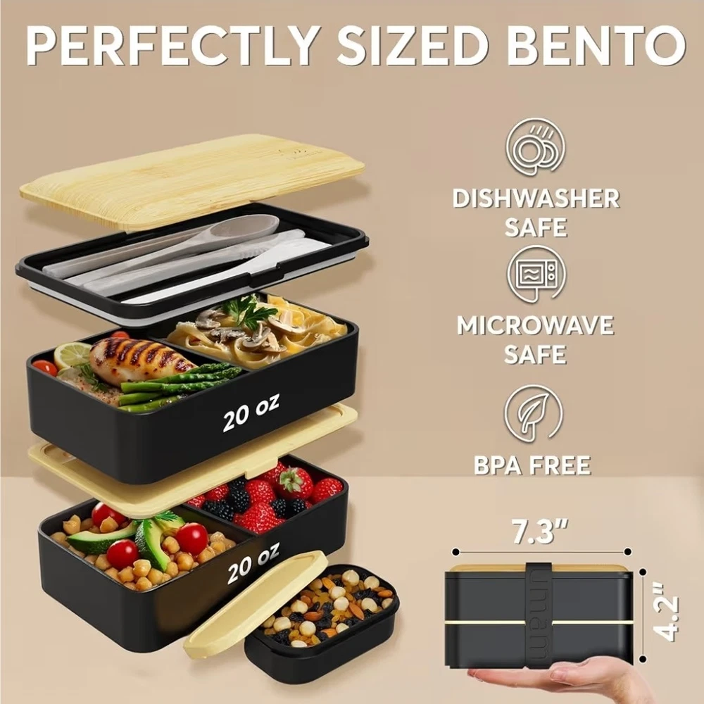 Umami Bento Box for Adults with 4 Utensils Big Sauce Jar 2 Dividers 100% Leakproof
