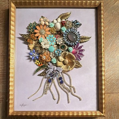 Bijoux Box Art Media Assemblage 3D Floral Art Framed Vintage Brooches