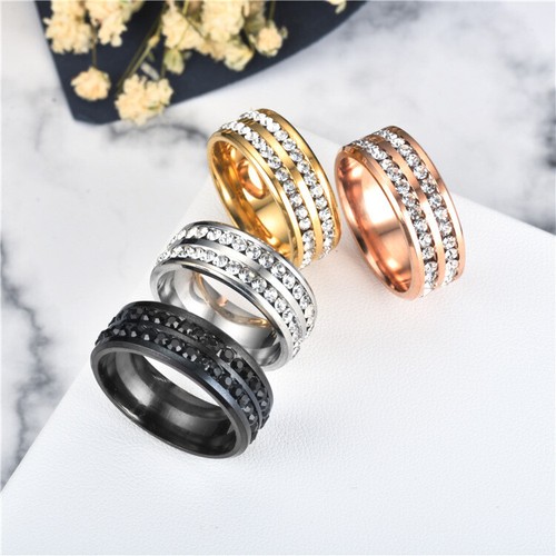 Anello 8mm Acciaio Inox Matrimonio Argento/Oro Fascia Uomo Donna Coppia Zirconi Misura 5-13 - Foto 6 di 16
