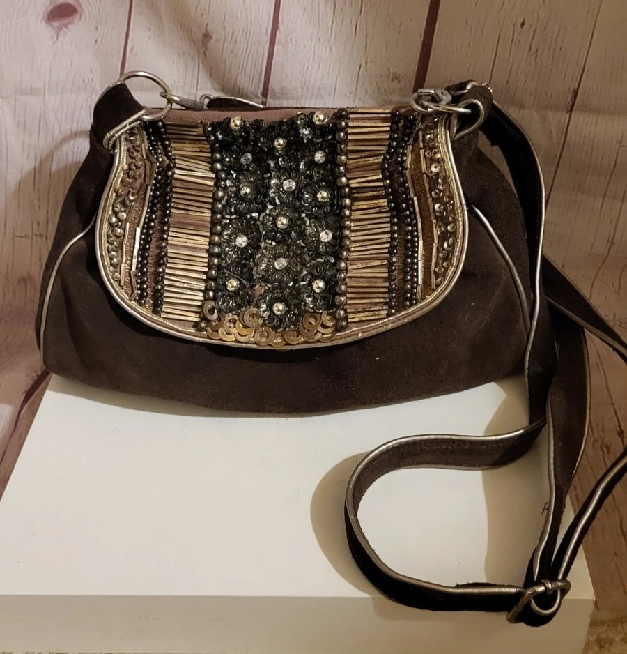 Bolso de mano bandolera Jasper & Jeera para Anthropologie marrón gamuza cuentas múltiples formas Foto 2 de 4