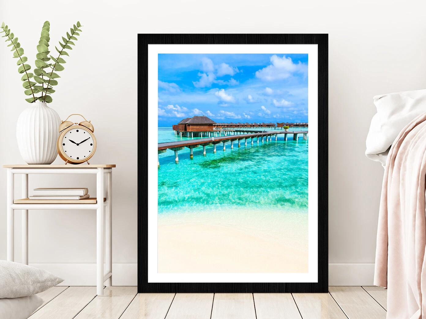 Bungalows Beach Photograph at Maldives Glass Framed Wall Art  Ready to Hang