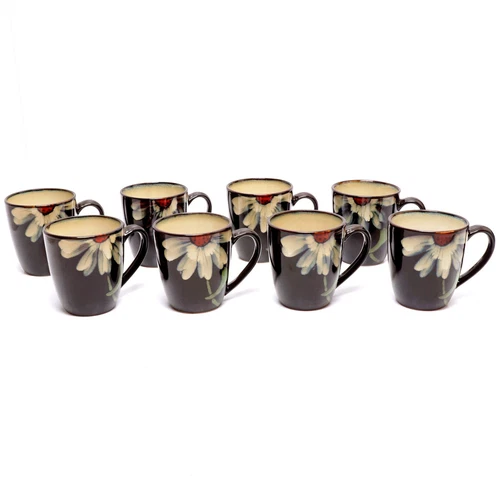 Coffee Mugs BLOSSOM BLACK Mikasa Gourmet Basics Set of 8 Design Stoneware