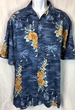 Vintage Hawaiian Shirt L Blue Floral Tropical ButtonUp Pocket Tiki Beach Surf