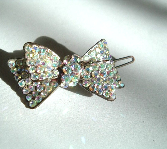 Vintage Art Deco Hollywood Aurora Borealis Rhinestone Hair Bow Barrette WOW