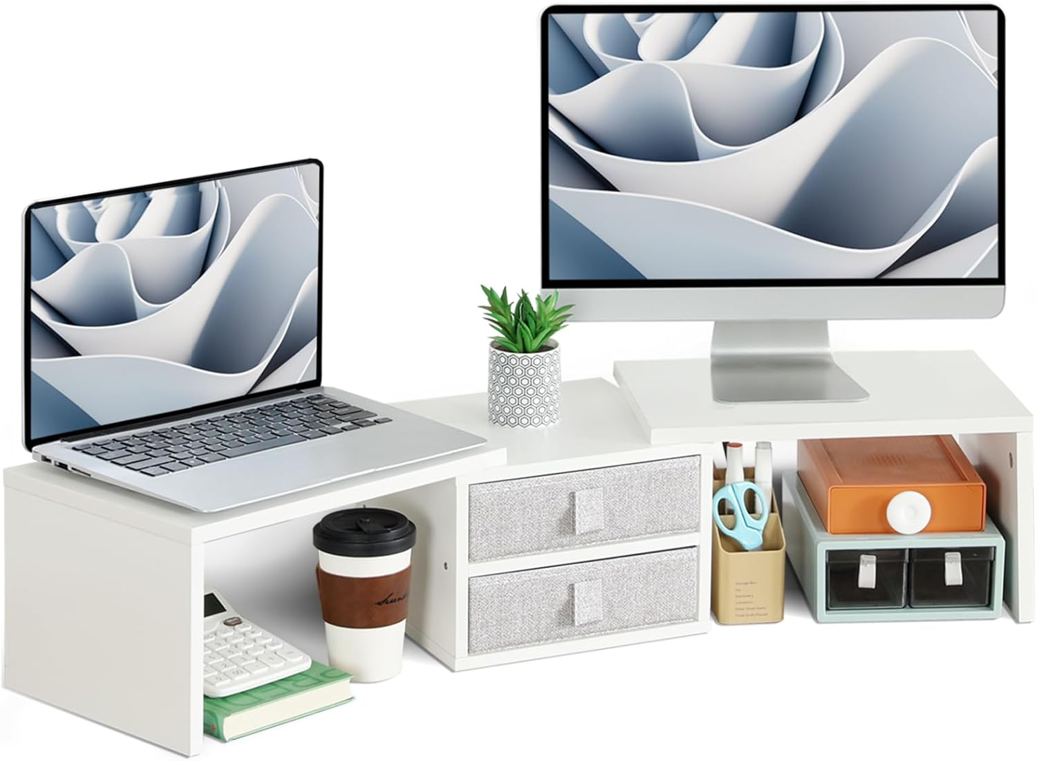 Dual Monitor Stand Riser with 2 Drawers - Adjustable Length and Angle in White