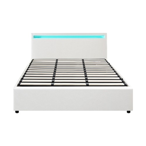 Bed Frame Queen Double King Single RGB LED Gas Lift Base Storage Leather White - Picture 29 of 29