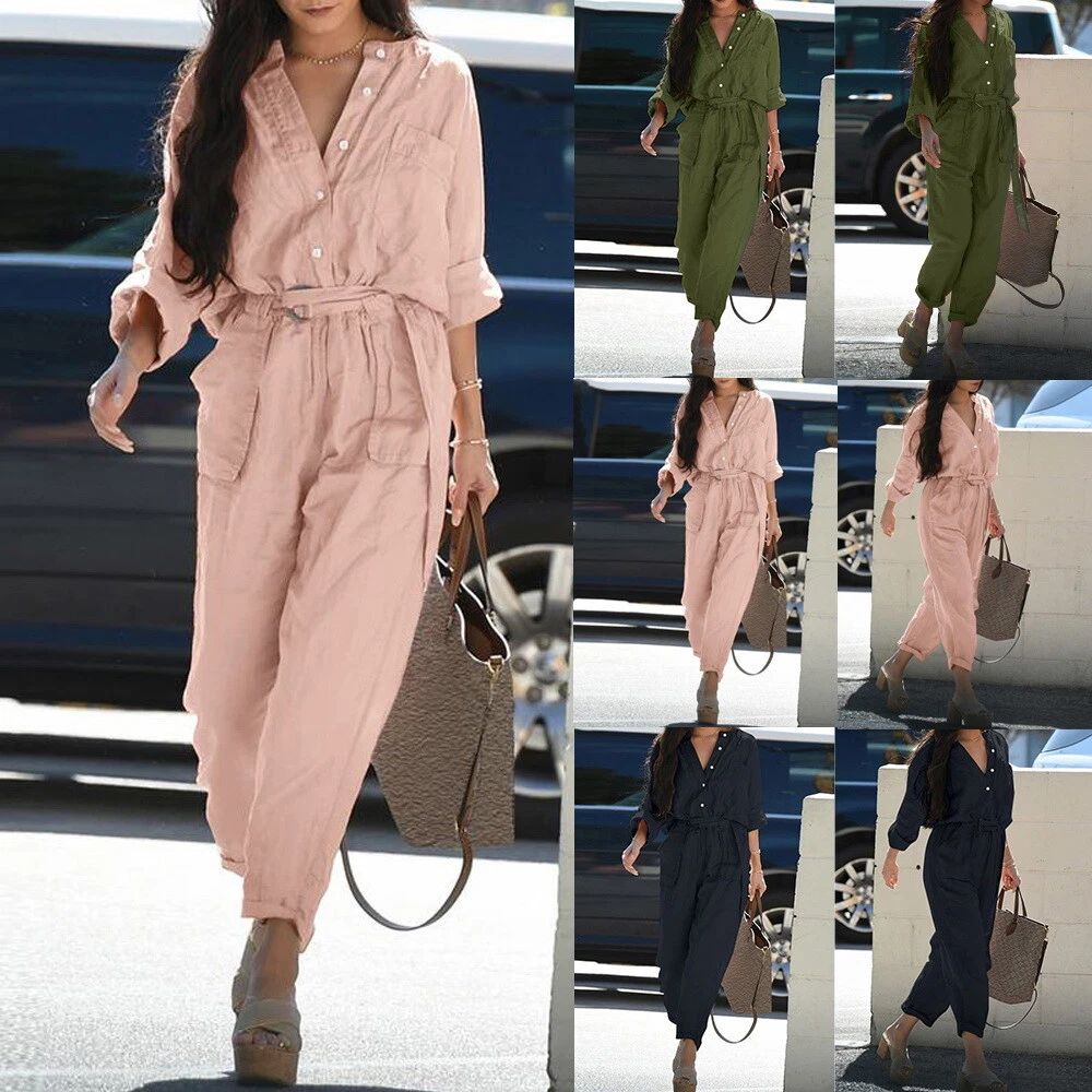 Womens Baggy Cotton Linen Long Sleeve Jumpsuits OL Belt Casual