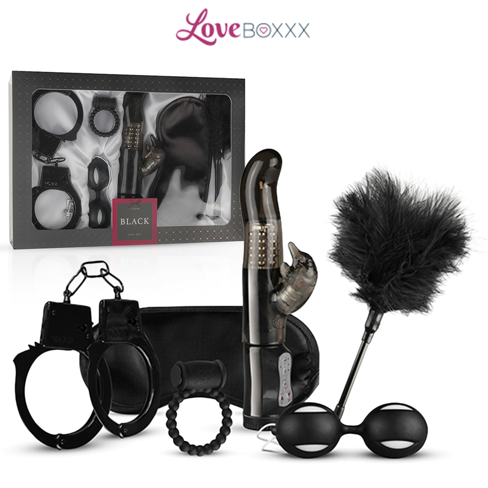 LoveBoxxx I Love Black Gift Set Rotating Vibrator Love Balls Cuffs Cockring Toys