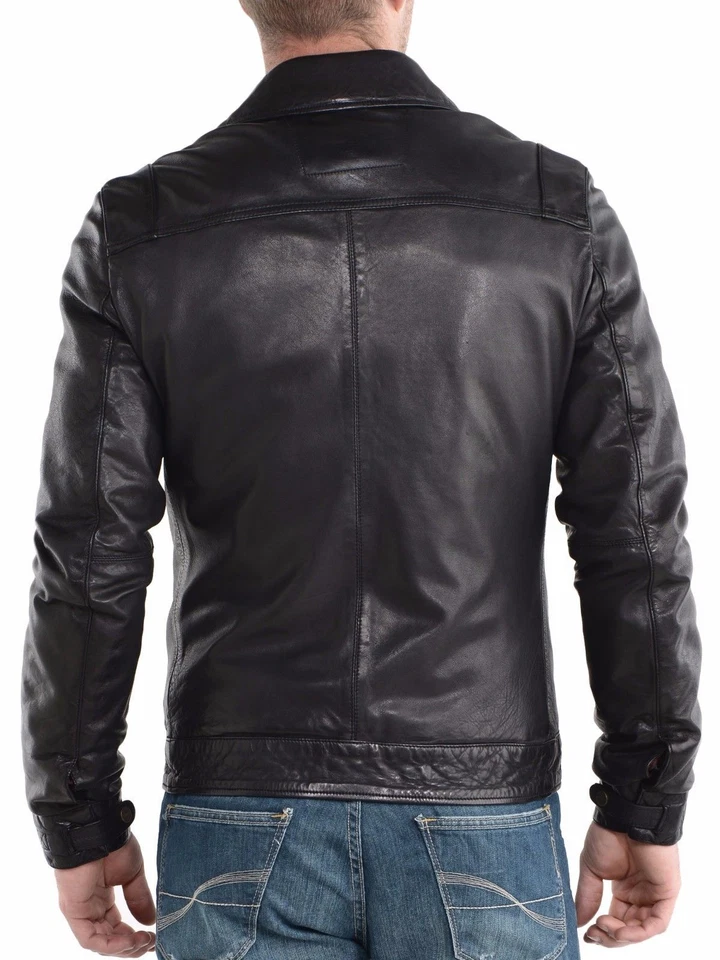 Men's Leather Jacket Biker Motorcycle Coat Black Slim Fit Outwear Jackets - 18 - Image 3 of 4