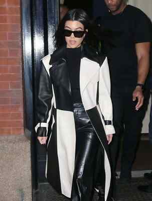 Contrast Leather Trench Coat Black Classic White Long Coat Party/Cocktail Belted