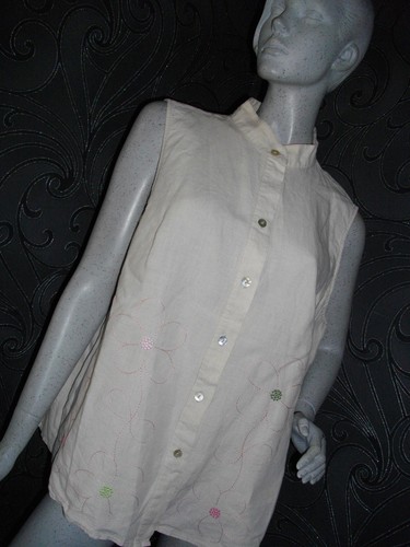 NEW * E.COL.O.GIE* BEIGE IRISH LINEN TOP TUNIC EMBROIDERY SIZ XL 16 / 18 RRP £69 - Picture 1 of 5
