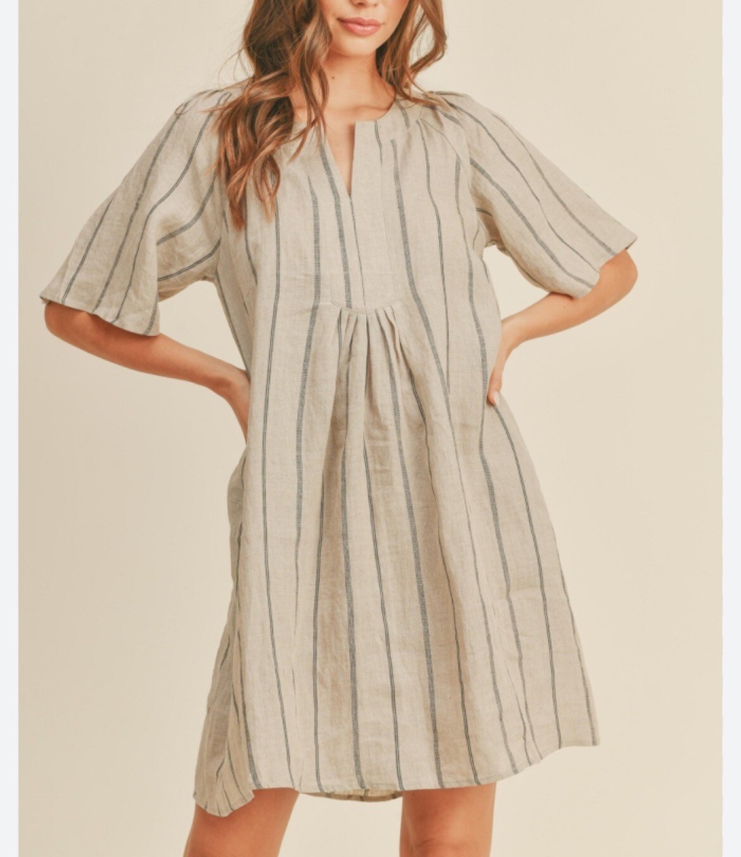 Miou Muse Size S 100% Linen Dress Relaxed Oatmeal Beige Black Pinstripe  Pockets