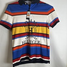 Tommy Hilfiger Striped New York City Polo Size Small Colorful Crest Streetwear
