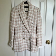 ZARA Women Tweed Double-Breasted Blazer 8415/706, Pale Pink  White, Size XS