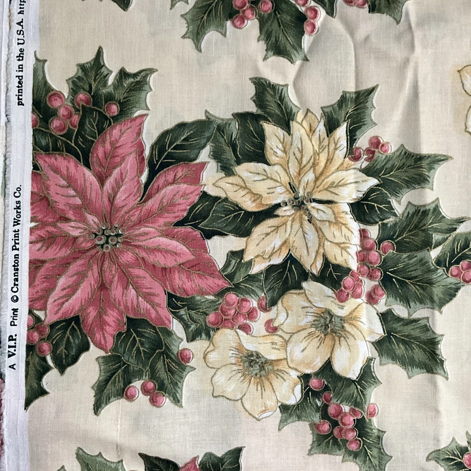 VIP Cranston Poinsettia Holly Cotton Fabric 3.3 Yds x 60″ W Metallic Gold Accent - Image 4 of 4
