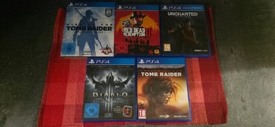 5x PS4 Spiele RDR2, Tomb Raider, Uncharted, Diablo III Croft Edition