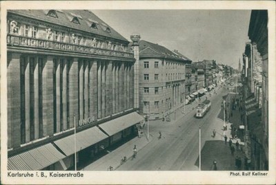 Postcard Karlsruhe Kaiserstraße department store Union tram (No.9811)