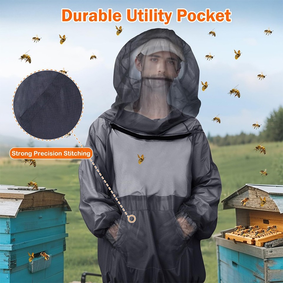 Anti-Mosquito Bug Jacket w/ Hood + Gloves Breathable Mesh Net Suit for ...