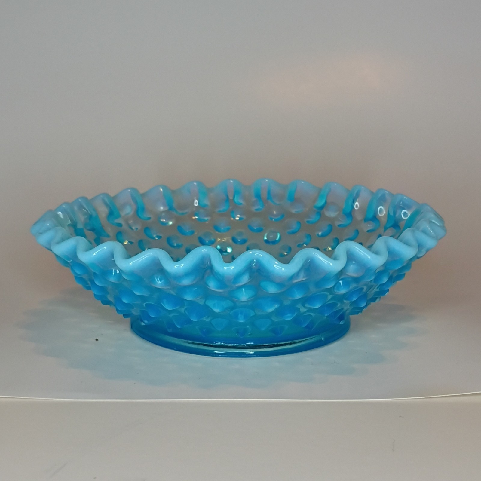 Fenton Blue Hobnail Opalescent Glass Decorative Bowl Ruffled Edge Glossy Round